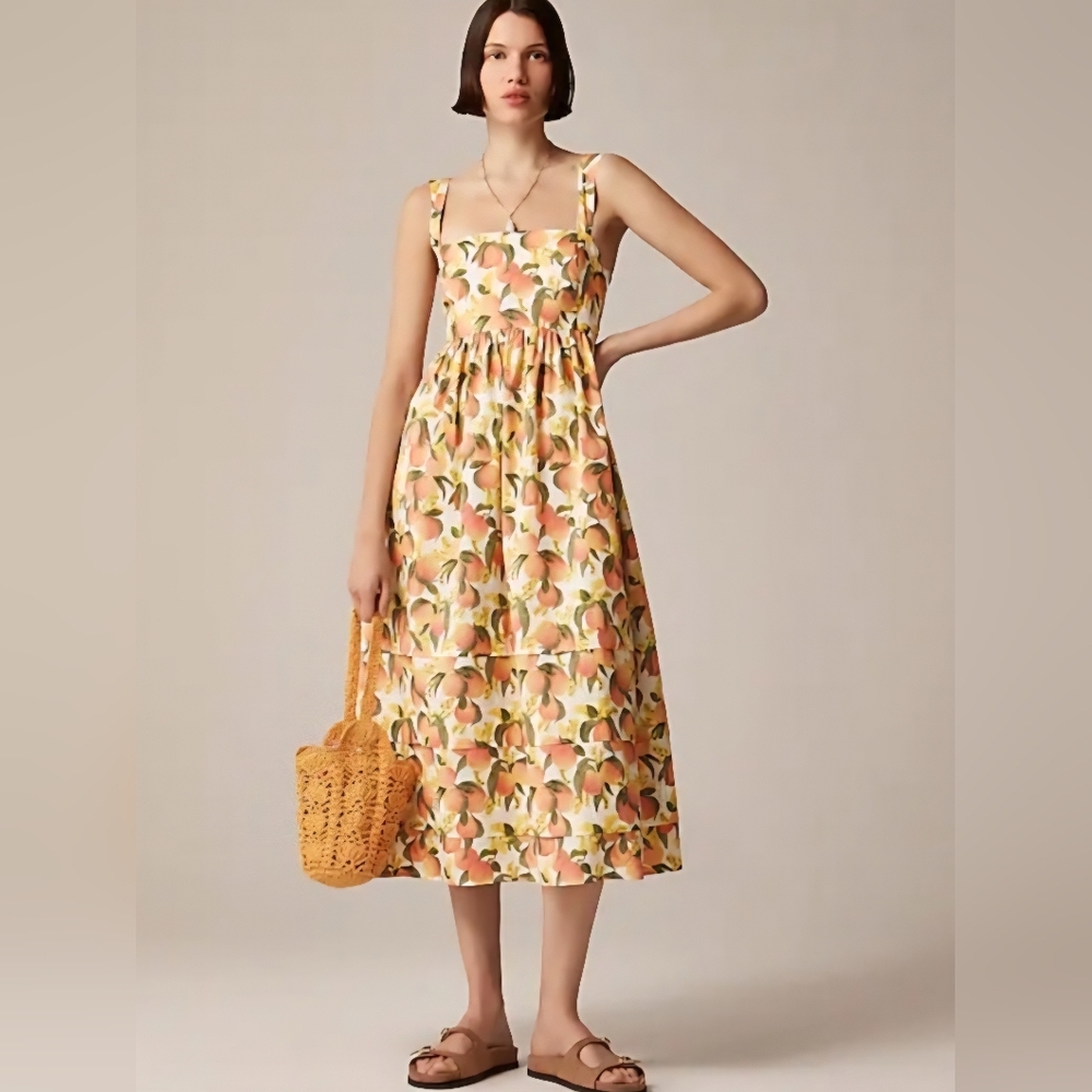 J. Crew Squareneck Midi In Cotton Poplin Peach Print Summer Dress